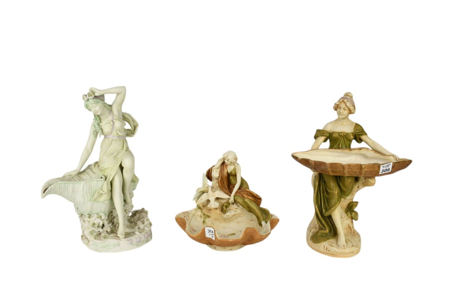 3 Pcs. Royal Dux, 1) Ceramic Seated Maiden Holding Large Shell, 20th c. 2) Ceramic Figural (1 of 13)