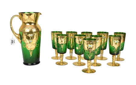 11 Pcs. Vintage Green Murano Glass with Gold & Enameled Accents, Pitcher (12"h ) & 10 Stems (7"h)