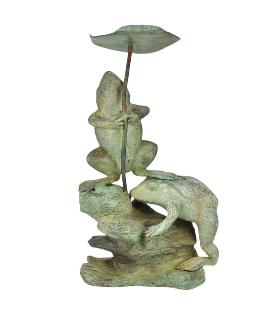 Bronze Sculptural Grouping of 2 Frogs Under Lily Pad on Rocks with Verdigris Finish, 18"h x 11"w (1 of 7)