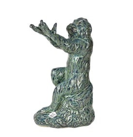 Ceramic Seated Chimpanzee with Out-Stretched Hands, Green & Blue Glaze, 17"h x 6"w x 9"d