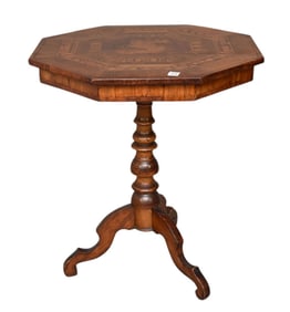 Hexagonal 19th c. Center Table with Marquetry Design Surface on Center Pedestal, 29 1/2"h x 25"dia
