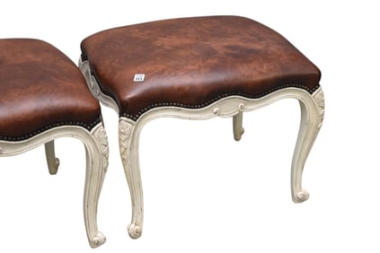 2 Painted French Provincial Ottomans, Leather Like Upholstery, 20"h x 22"w x 21"d