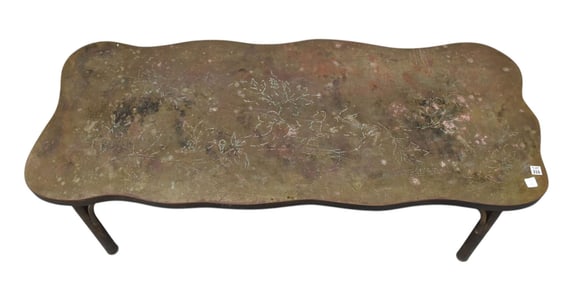 Philip Laverne Bronze Coffee Table, Marked "Dogwood Floral" under the top surface