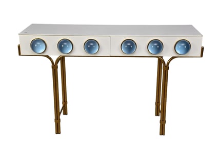 Johnathan Adler Modern White Laminate Console with Blue Resin Spheres, 2 side By Side Drawers on