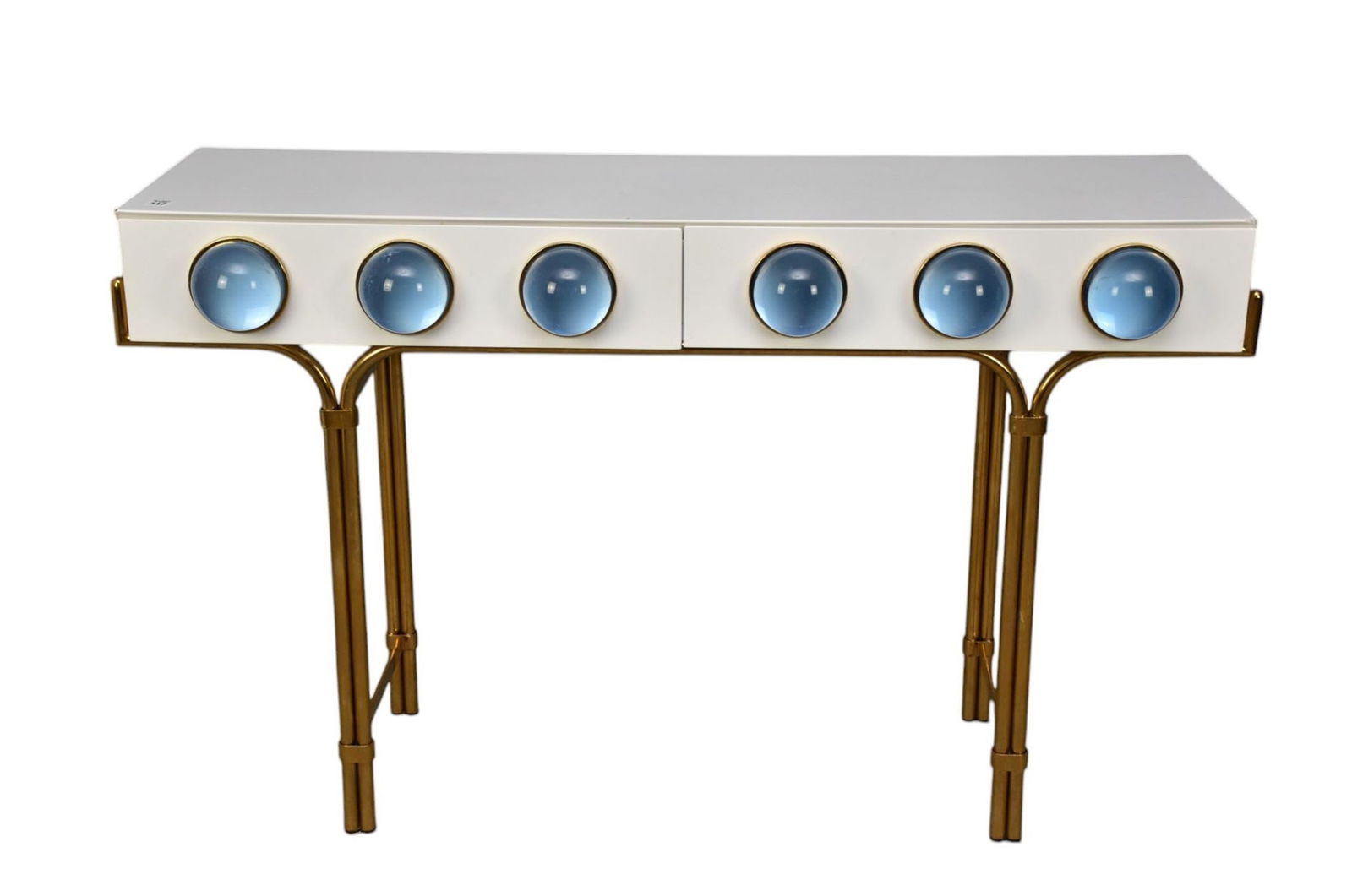 Johnathan Adler Modern White Laminate Console with Blue Resin Spheres, 2 side By Side Drawers on (1 of 10)