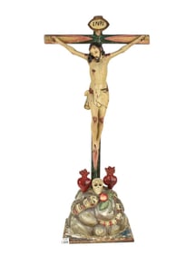 Spanish Colonial Crucifix Sculpture, C. 20th Century, carved wood, gesso, polychrome, 33"h x 16" x