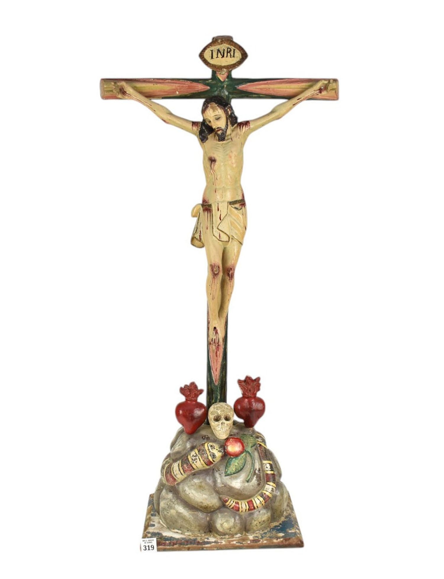 Spanish Colonial Crucifix Sculpture, C. 20th Century, carved wood, gesso, polychrome, 33"h x 16" x (1 of 11)