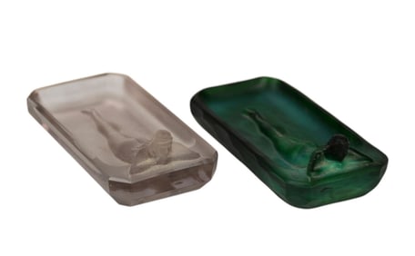 Two Heinrich Hoffmann Art Deco Nude Czech Glass Pin Trays - c. 1930s. Each featuring a nude female