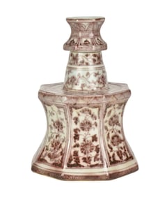Chinese Porcelain Red Underglaze Candle Holder - An eight-sided porcelain candlestick, waisted base.