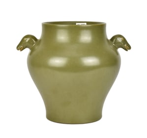 Chinese Tea Dust Glazed Vase, Zoomorphic Handles, Qianlong Mark - A green tea dust glazed porcelain