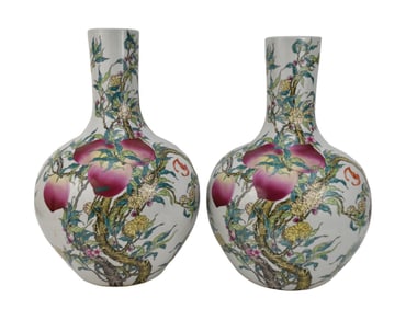 Pair Large Chinese Famille Rose Porcelain Vases, Nine Peach Motif - A pair of large globular