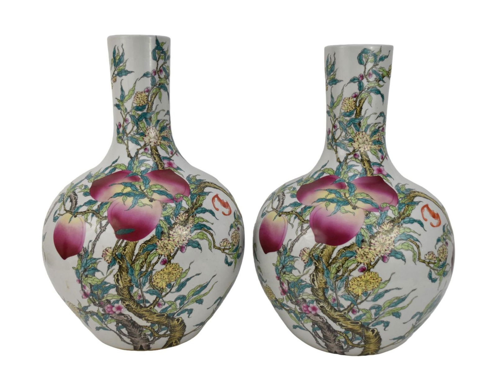 Pair Large Chinese Famille Rose Porcelain Vases, Nine Peach Motif - A pair of large globular (1 of 9)