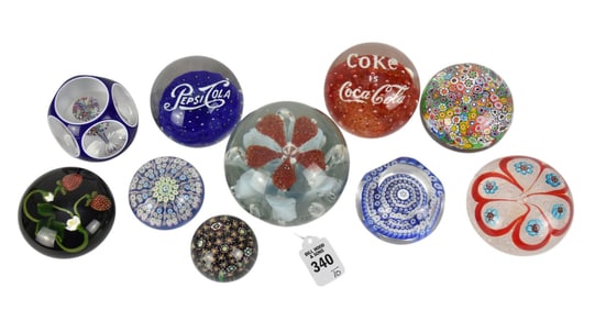 Collection of Ten Art Glass Paperweights, Millefiori, Coca-Cola, Pepsi - A grouping of 10 art glass