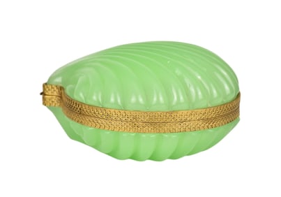 A Green Opaline Glass Shell-Form Box - A green opaline glass shell form hinged trinket box, with