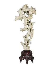 Chinese Scholars Rock - White natural stone with custom wood base. 24" L x 10 1/2" w, base - 6" h.