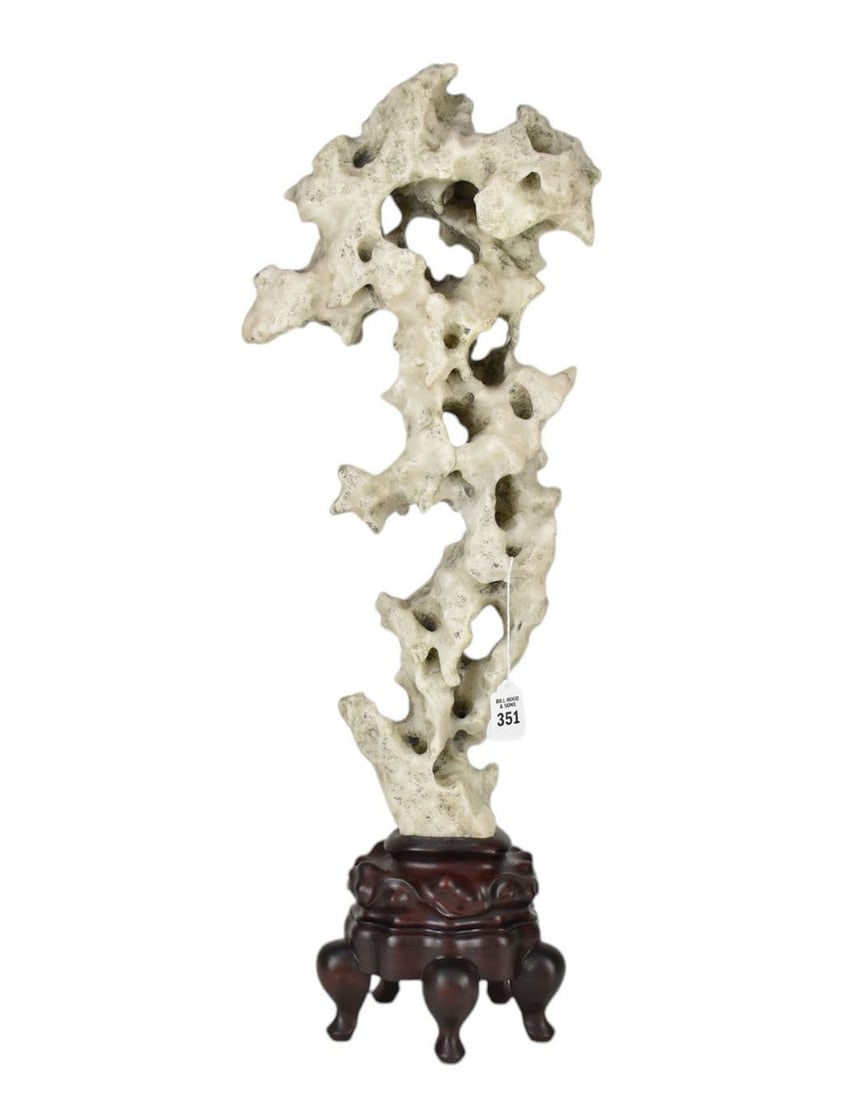 Chinese Scholars Rock - White natural stone with custom wood base. 24" L x 10 1/2" w, base - 6" h. (1 of 10)