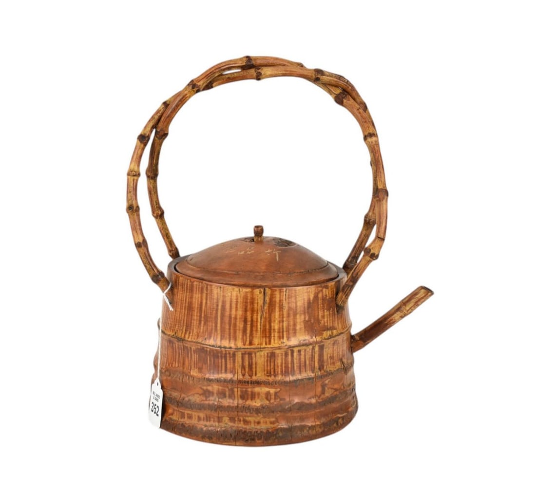 A Chinese Bamboo Teapot, Late Qing Dynasty - A Chinese or Japanese carved and bent bamboo teapot. (1 of 8)
