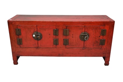 Chinese Red Lacquer Low Four-Door Cabinet With iron hinges and locks, H. 28?? x W. 60?? x D. 17