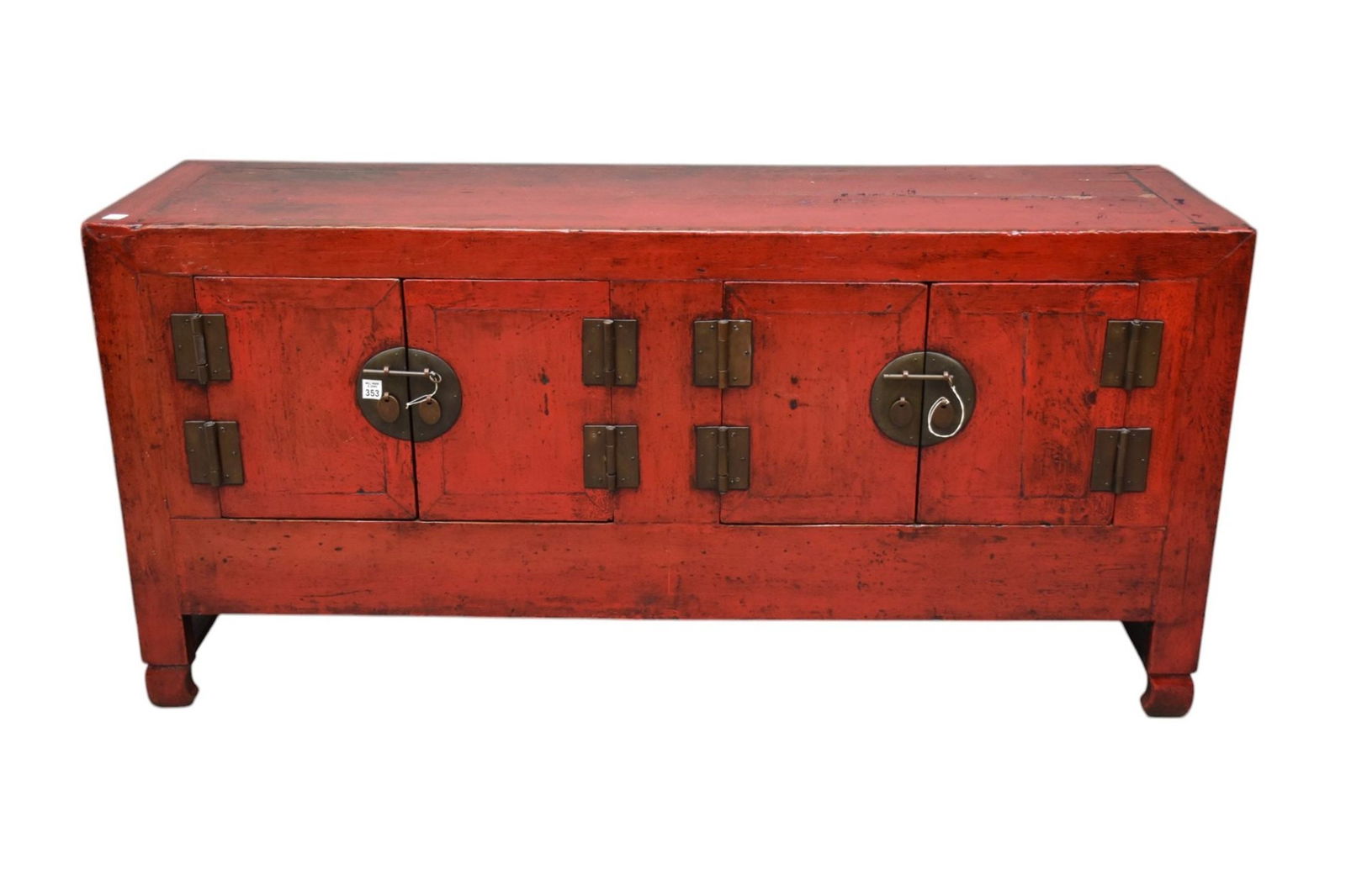 Chinese Red Lacquer Low Four-Door Cabinet With iron hinges and locks, H. 28?? x W. 60?? x D. 17 (1 of 8)