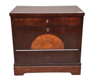 Petite Mahogany and Burl Walnut Chest of Drawers, 19th Century, rectangular top with ebonized trim,