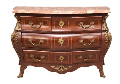 Italian Bombay 5 Drawer Chest, Burl Inlay and Bronze Accoutrements, Conforming Marble Top with