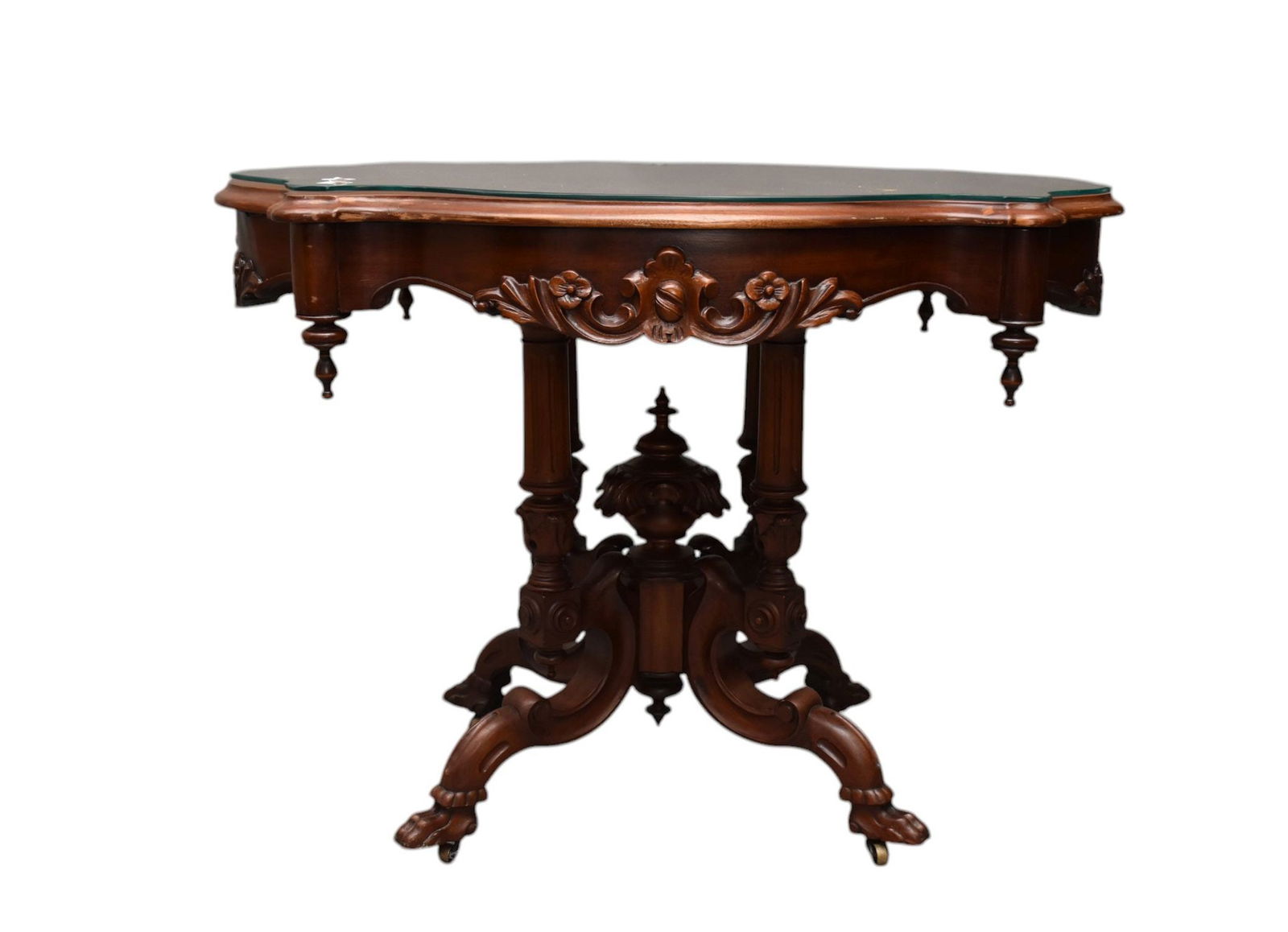 Victorian Occasional Turtle Top Table, Carved Frieze on Pedestal Base, Conforming Glass Top, 29"H x (1 of 5)