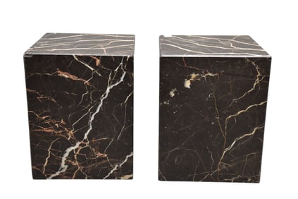 Pair Black Marble Striated Plinths, 16"h x 12 1/2"square