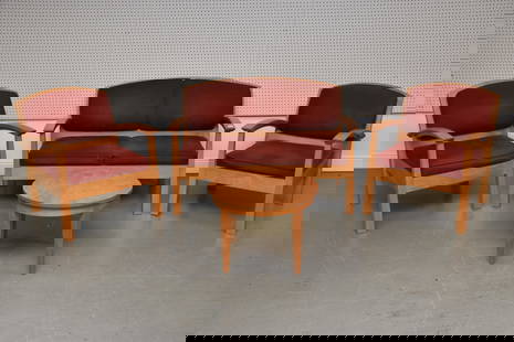 4 Pcs. Thomas Moser Modern Furniture, Auburn Maine, All Signed by Different Designers, Loveseat: 4 Pcs. Thomas Moser Modern Furniture, Auburn Maine, All Signed by Different Designers, Loveseat Signed Michael J. Casing (49 1/3"w x 32"d x 33"h), Table Signed Barbara Foster (24"dia ) and 2 Armchairs