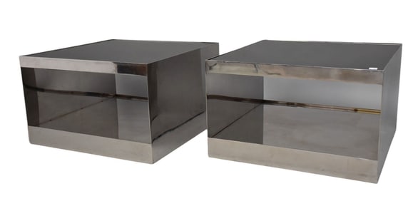 Pair Steel & Glass Square Side Tables, Attr. Joe D'Urso for Knoll - Black Glass & Stainless Steel