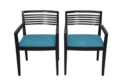 Pair Knoll Studio 1990 Black Armchairs, Turquoise Seat Cushions (Soiled)