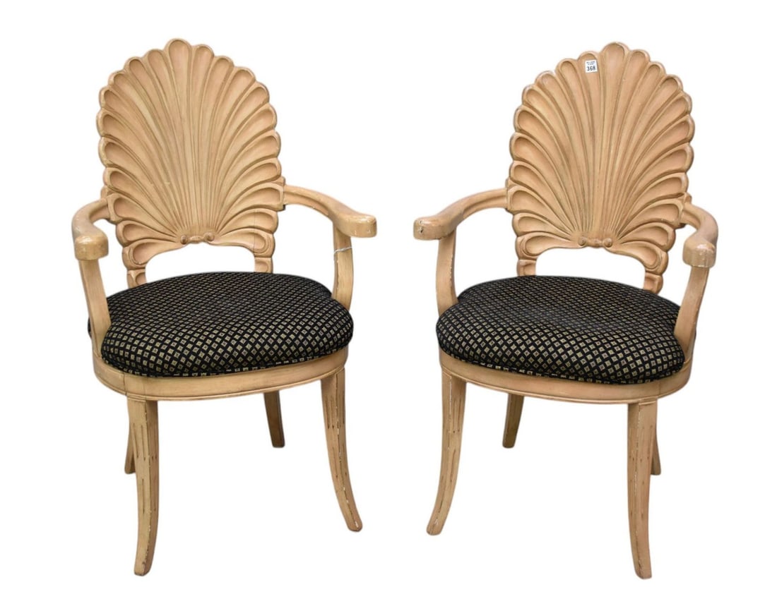 Pair Light Finish Shell Back Armchairs with Black Print Upholstered Seats (1 of 4)