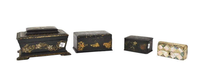 Lot of 4 Antique Lacquered Paper Mache & Mother Of Pearl Boxes