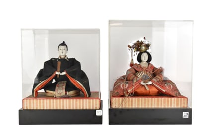Two Antique Japanese Hinamatsuri Dolls, Emperor & Empress, C. Early 20th Century - Japan, likely