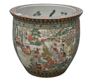 Large Chinese Porcelain Fish Bowl with Figures, Flowers & Butterflies, 14"h x 16"dia