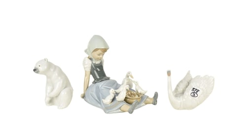 3 Lladro Porcelain Pcs, Seated Young Girl with Ducklings (6 1/2"h x 8"w), Polar Bear And Swan