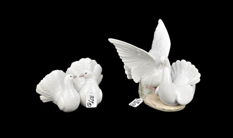 2 Lladro Porcelain Groupings, "Love Birds", Largest 7"h x 9"w