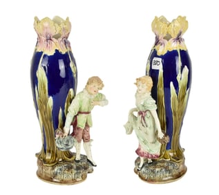 Pair Majolica Glaze Vases with Figures, 16"h (broken finger & hair roughage)