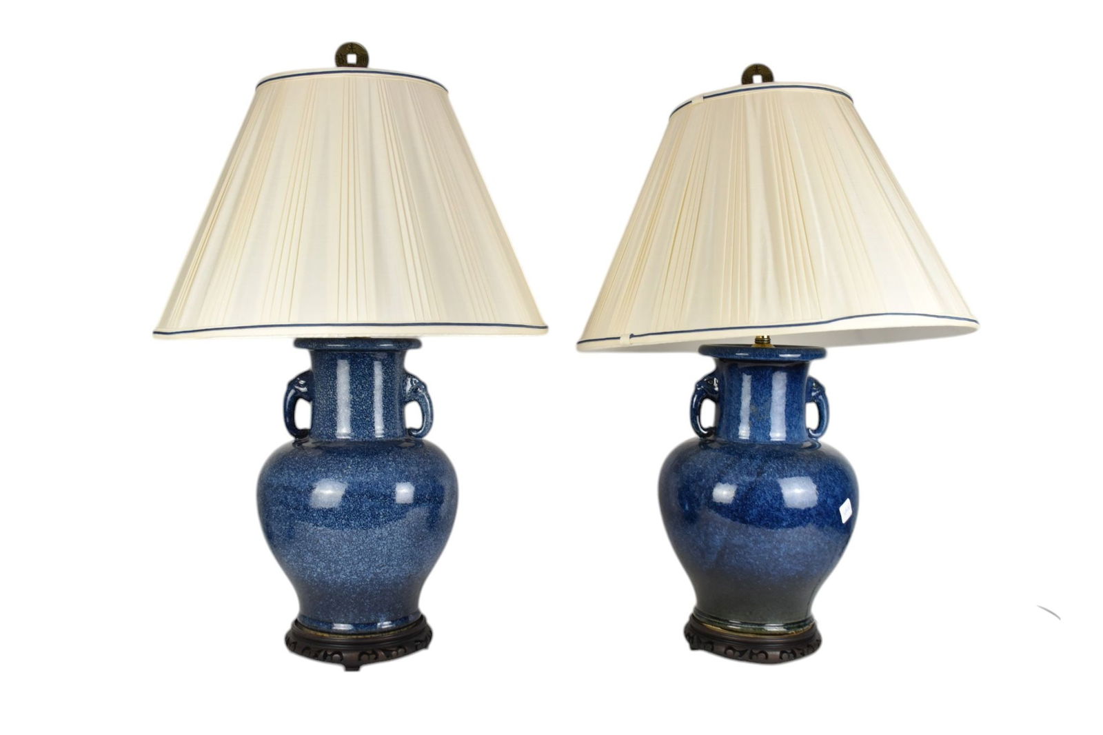 Pair Chinese Blue Mottled Glazed Pottery Lamps, Bulbous form with Elephant Handles, 34"h (1 of 8)