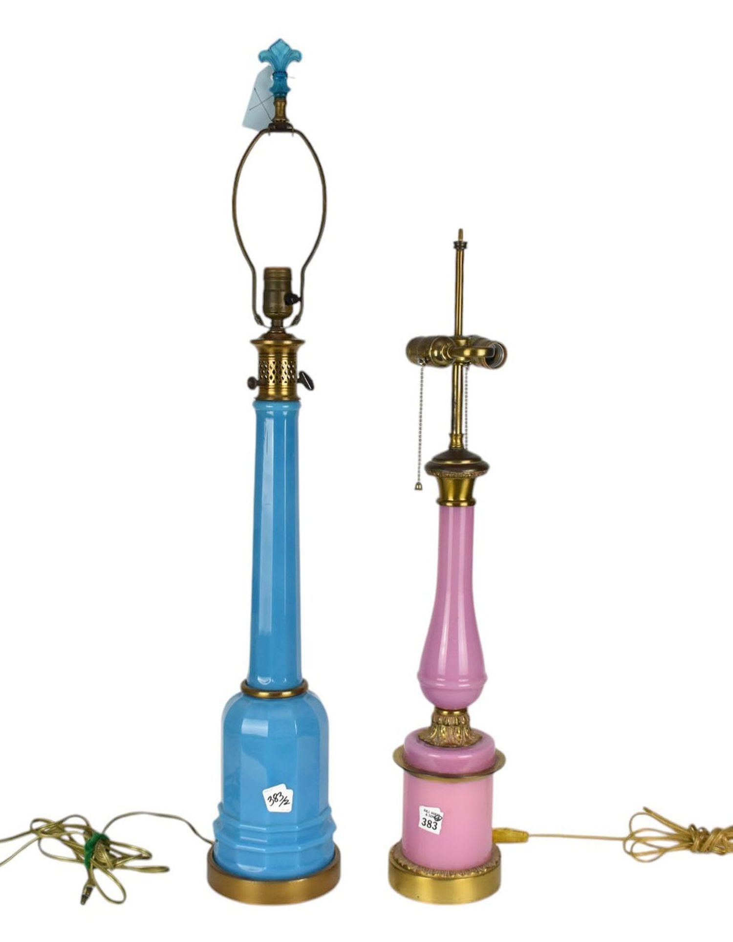 2 French Opaline Lamps with Gilt Metal Mounts, Pink (29"h) & Blue (37"h to finial) (1 of 6)