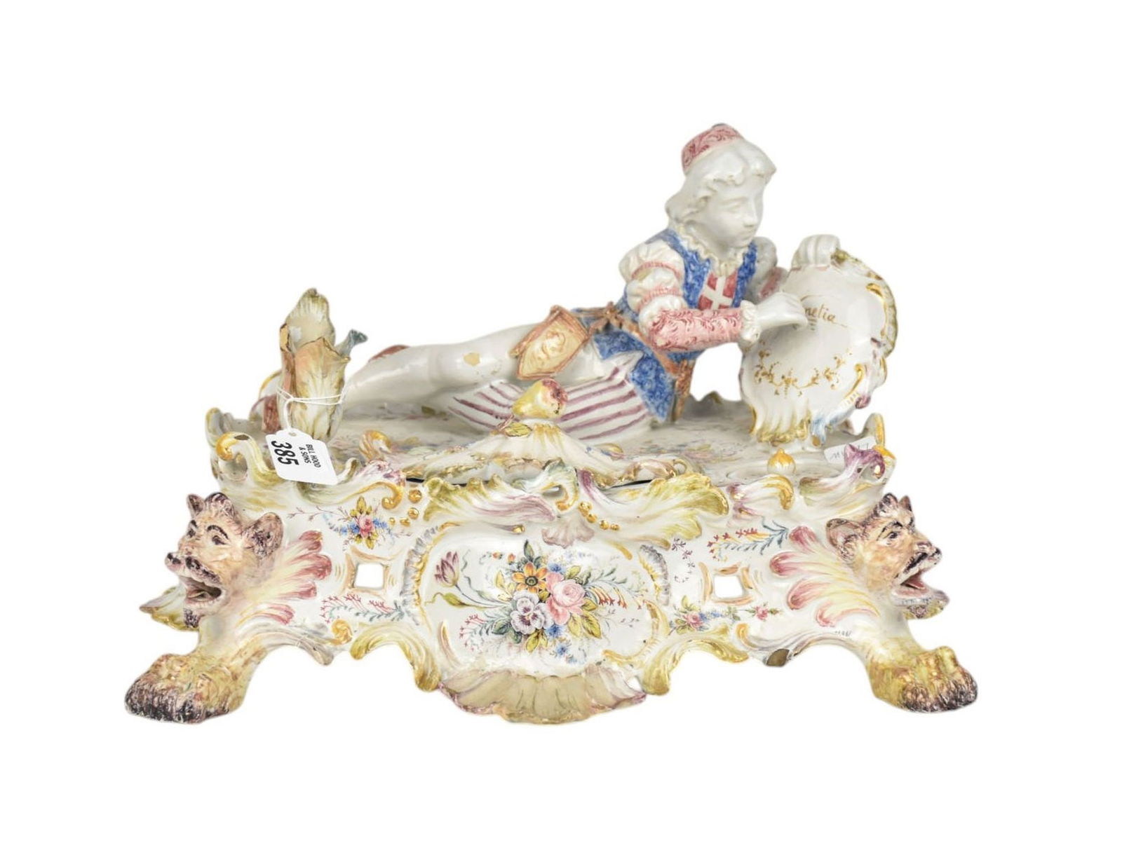 Italian MANIFATTURA ANTONIBON/COZZI, Veneto Faience Figure Inkwell, 19th Century with reclining (1 of 9)