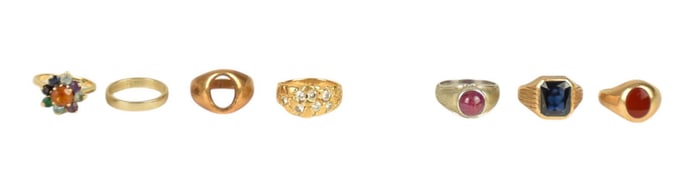 14K & 10K White and Yellow Gold Ring Lot. 4 - 14K Gold size 7.5 - 8.5 wt 24.3 grams and 3 10K Gold
