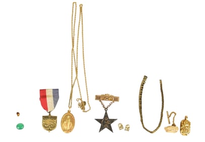 Gold & Costume jewelry Lot.  14K yellow Gold Tie tack, Scarab pendant and bracelet. Wt 20.9 grams