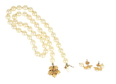 14K Gold Pearl Necklace & Earrings. Necklace 16"  14K Yellow gold clasp with emerald accent and