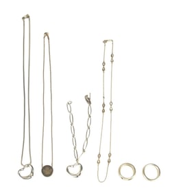 Tiffany & Co Sterling Silver Jewelry Lot.  3 necklaces length 16" - 18", 1 bracelet and 2 rings 7.5