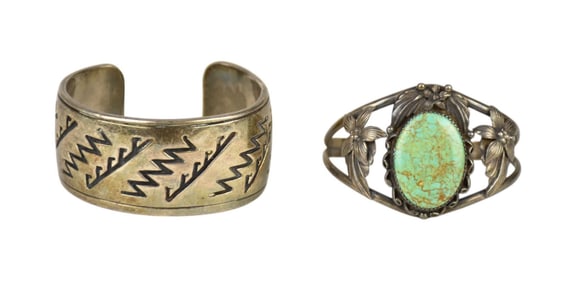 2 Sterling Silver Navajo Bracelets.  Cuff bracelet with turquoise 5" inner circumference with 1.25"