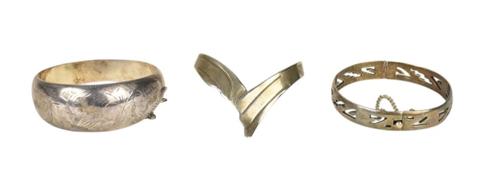 3 Sterling Silver bracelets. 1 Cuff and 2 bangles. Wt 82.5 grams  cuff inner circumference is 5"