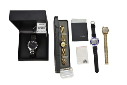 Watch Lot.  Men's Movado Watch 24938925 never used with original box working. Ladies Rado 33775430