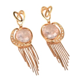 18K Rose Gold Earrings. Rose quartz with diamond accents. Length 2.5" wt. 10.6 grams