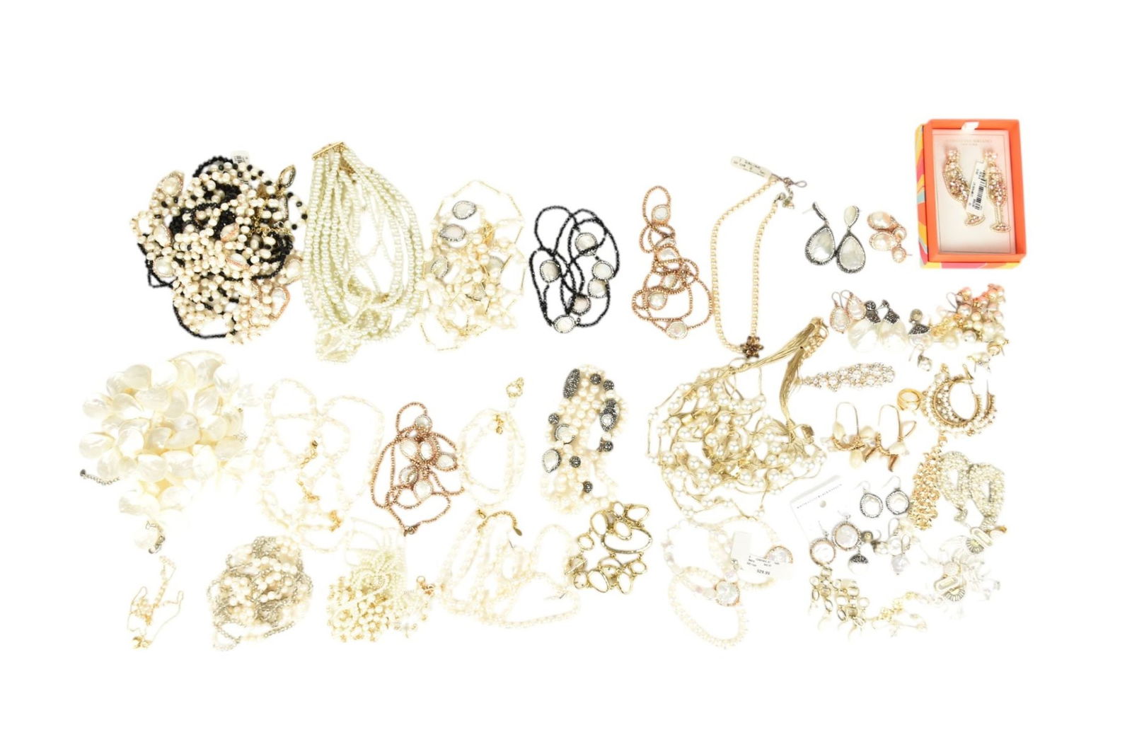 Costume Jewelry Lot.  Pearls and mother of pearl necklaces, earrings, bracelets etc. Some signed (1 of 8)