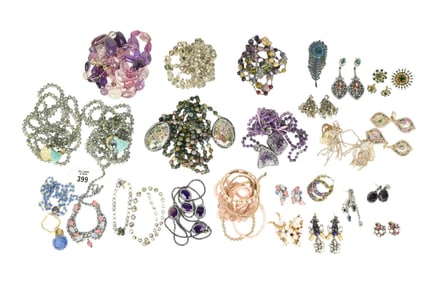 Costume Jewelry Lot. Aura Borealis, Jade, Amethyst, Abalone etc. Necklaces, Earrings and Bracelets.